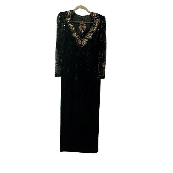 Judith Ann Creations Black & Gold 100% Silk Sequins Beaded Long Sleeve Gown Sz S - Picture 2 of 14